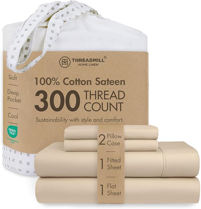 Threadmill 100% Cotton Sheets for King Size Bed | 4 Pc King Bed Sheets Set | Soft, Breathable Lightweight Solid Sateen for All-Season Use | Snug Fit Elastic Deep Pocket King Sheets | Beige