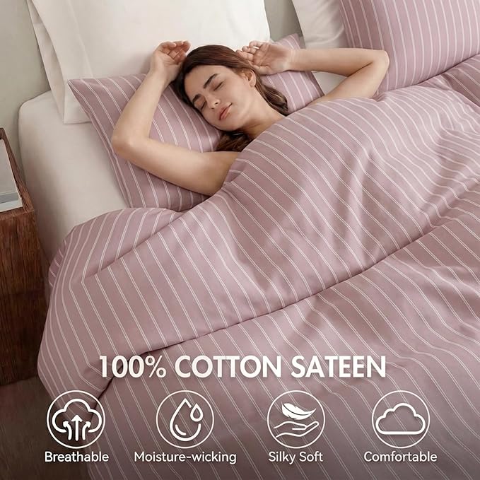 Bedbay Dusty Rose Striped Duvet Cover Set Queen Size, 100% Cotton Sateen Bedding Set, 300TC Soft Minimal Hotel Style Comforter Cover 3 Pieces for All Seasons
