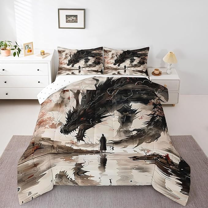 Feelyou Dragon Comforter Set Twin Size Japanese Style Comforter for Boys Girls Teens Samurai Bedding Set Japanese Ukiyoe Duvet Set Room Decor Black Beige Quilt Set