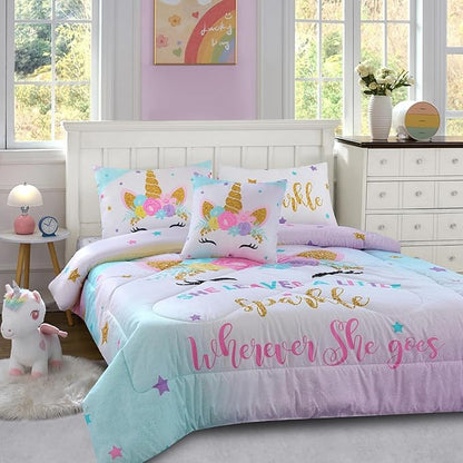 Cokouchyi Twin Comforter Set for Girls, 5-Piece Bed in a Bag, 3D Colorful Unicorn Bedding Comforter Sheet Set, Ultra Soft and Fluffly, Pink & Rainbow Color