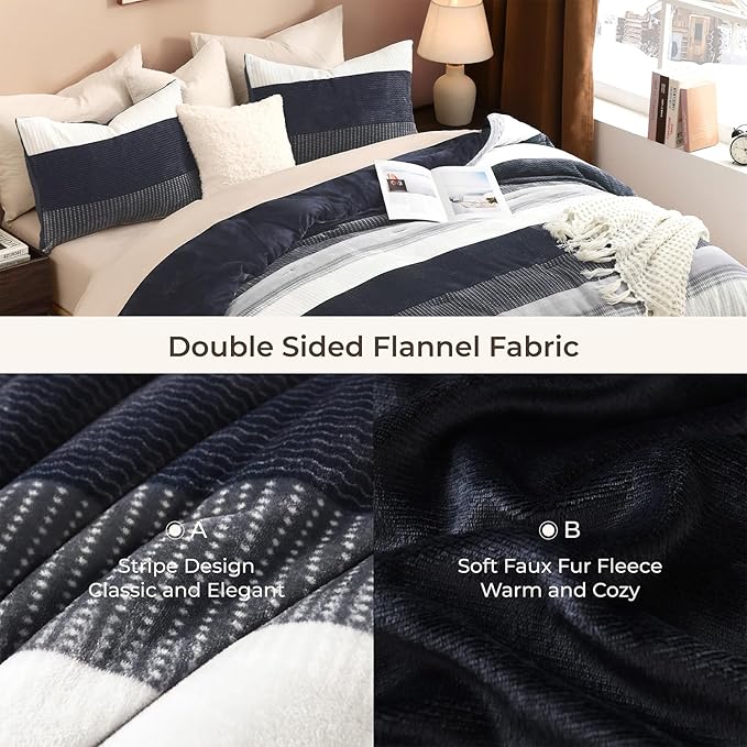 Litanika Fluffy Fleece King Size Comforter Set, Luxury Soft Plush Fuzzy Black Blue Stripe Bedding Comforter Sets, Warm Shaggy Faux Fur Bed Set All Season (1 Comforter, 2 Pillowcases)