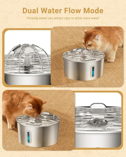 Cat Water Fountain Stainless Steel - 108oz/3.2L Automatic Large Pet Watering Bowl Dispenser for Indoor Cats - Drinking Fountains with 3 Filter for Dogs and Kitty - Outdoor Dog Waterer Bowls No Spill