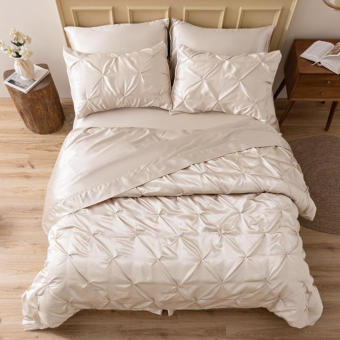 MR&HM Satin Comforter California King 7 Pieces Beige - Luxurious Pinch Pleat Bedding Set with Comforter, Flat Sheet, Fitted Sheet, Pillowcases & Shams, Super Silky Soft Bed Set for All Season