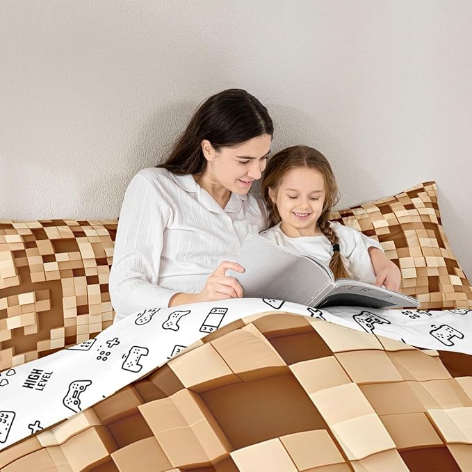 Pixelated Kids Bedding Set King Size,Patchwork Grid Video Games Comforter Set,Miners Lattice Simple Quilt Comforter,Light Brown Bedroom Duvet Insert,2 Pillowcases
