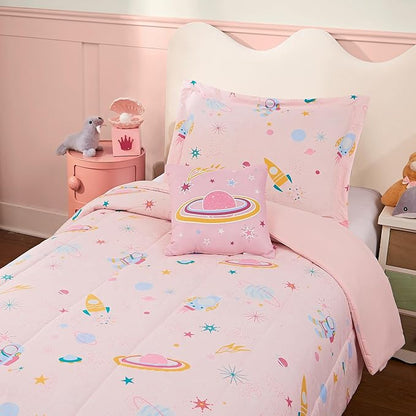 Twin Comforter Set for Girls-3 Pieces Space Glow in the Dark Twin Bedding Sets for Kids,1 Comforter,1 Sham and 1 Decor Pillow