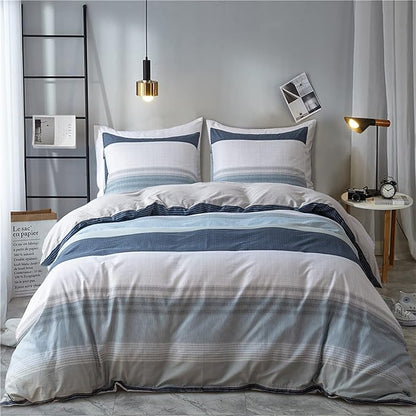 EAVD Cotton Duvet Cover Set White Gray Blue Striped Duvet Cover King Geometric Pattern Bedding Set with 2 Pillowcases Modern Style Striped Comforter Cover with Zipper Closure