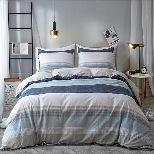 EAVD Cotton Duvet Cover Full Size White Grey Blue Striped Bedding Set with 2 Pillowcases Modern Geometric Striped Duvet Cover with Zipper Closure
