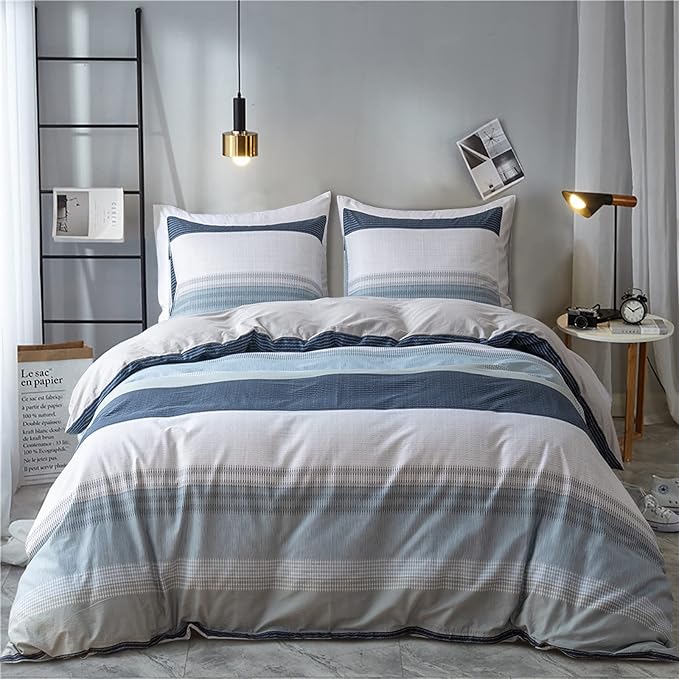 EAVD Cotton Duvet Cover Set Queen White Gray Blue Striped Duvet Cover Modern Geometric Striped Bedding Set for Boys Girls Women Men Blue Striped Queen Duvet Cover with Zipper Closure