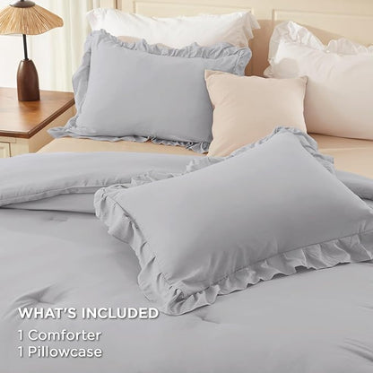 Andency Light Gray Twin Size Comforter Set(66x90Inch), 2 Pieces(1 Ruffle Comforter and 1 Pillowcase) Lightweight Fluffy Bedding Comforter Sets for Kids, All Season Soft Polyester Bedding Set