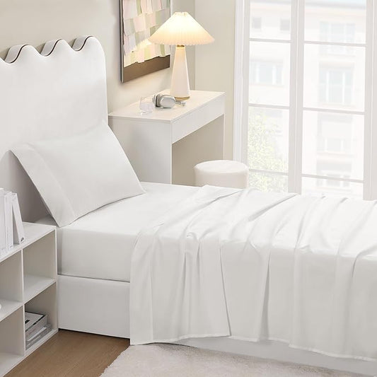 UGG Hedi Twin XL Sheet Set 3-Piece Luxury Cooling Sheets Deep Pockets Premium Bedding with 1 Pillow Sham Hypoallergenic Machine Washable Soft Lightweight Bed Set for Dorm or Kids Bed, Twin XL, White
