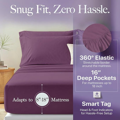 Carressa Linen 100% Egyptian Cotton California King Size Sheet Set - Luxury 600 Thread Count Cotton Sheets Cal King Size (Plum Purple), Soft, Cooling, Sateen Weave 16" Deep Pocket Hotel Quality Sheet