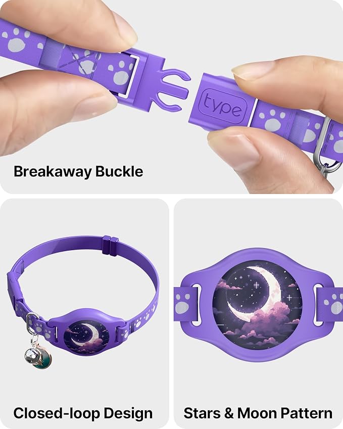 Cat Tracker Collar - Waterproof Airtag Cat Collar with Finder Tag, Purple | Compatible with Apple Find My (iOS ONLY), Breakaway Tractive Design with Reflective Pattern & Bell (Not for Android Devices)