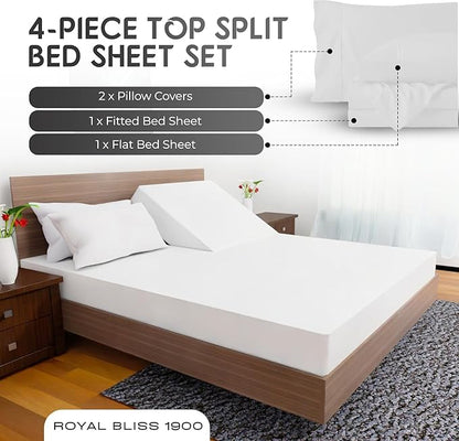 Top Split King Sheets Sets for Adjustable Bed, 4 Pcs Deep Pockets Double Brushed Microfiber Sheets, 34 Inch Split Top Fitted Sheet, 1 King Flat Sheet and 2 Pillowcases - White