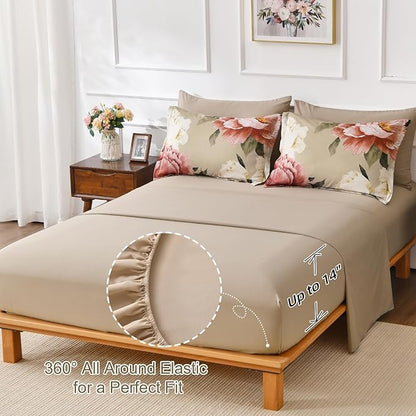 Dobuyly King Size Comforter Set 7 Piece Bed in a Bag, Pink Floral Printed on Khaki Comforter Set with Sheets, Soft Microfiber Botanical Farmhouse Bedding Set for All Season