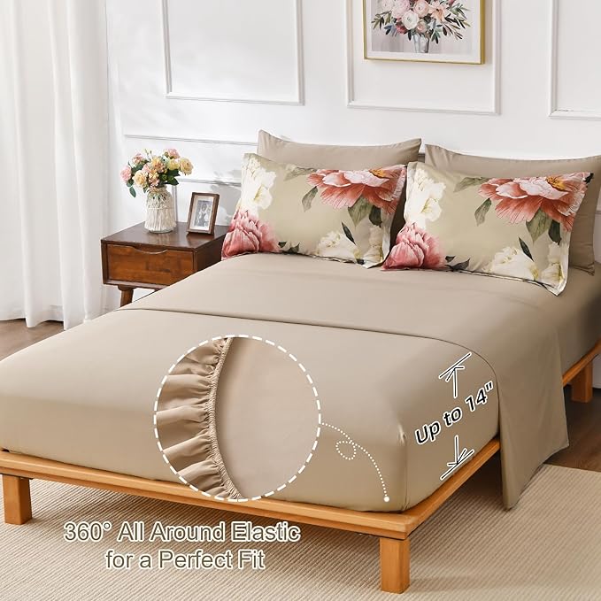 Dobuyly Queen Comforter Set 7 Piece Bed in a Bag, Pink Floral Printed on Khaki Comforter Set with Sheets, Soft Microfiber Botanical Farmhouse Bedding Set for All Season