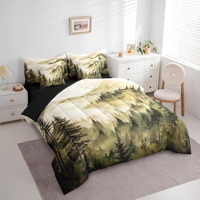 Erosebridal Yellow Misty Forest King Bedding Set 7 Piece Mountain Foggy Woodland Bed in A Bag with Sheets Rustic Pine Tree Comforter Set for Kids Adults,Watercolor Nature Theme Bed Sets