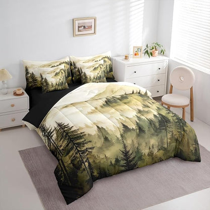 Erosebridal Yellow Misty Forest Queen Bedding Set 7 Piece Mountain Foggy Woodland Bed in A Bag with Sheets Rustic Pine Tree Comforter Set for Kids Adults,Watercolor Nature Theme Bed Sets