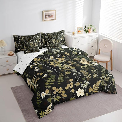Castle Fairy Botanica Leaves 7 Pieces Bedding Set Twin Bed in a Bag,Wild Plants Retro Jungle Flowers Comforter Set for Be3droom Decor,Retro Farmhouse Style Soft Warm Microfiber Bedding