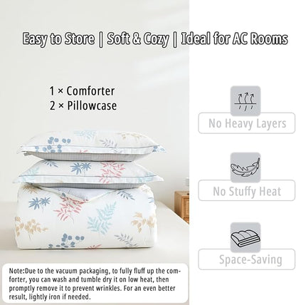 White Cotton Comforter Queen Size 3Pcs - Blue, Beige and Blush Botanicals Pattern on White, Gray Grid Back, Reversible Lightweight Bedding Sets with Soft Fill(Queen, 90"×90")