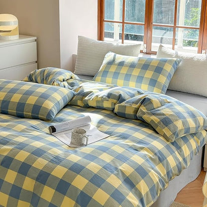 FACE TWO FACE Bedding Duvet Cover Set100% Washed Cotton Duvet Cover Linen Like Textured Breathable Durable Soft Comfy (Full, Blue Yellow Grid)