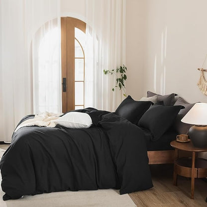 Black Duvet Cover Oversized King Size 100% Washed Cotton Bedding Set Cover 1 Duvet Cover with Zipper Closure and 2 Pillowcases, 120inch x 98inch
