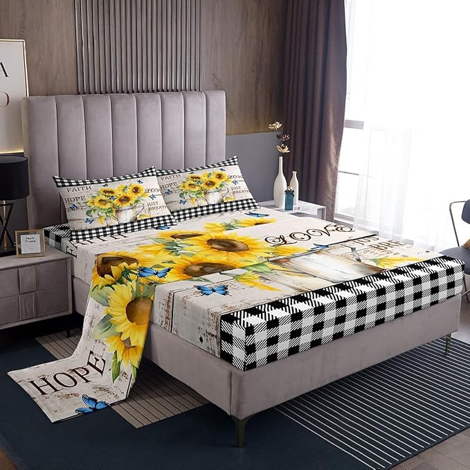 Yellow Sunflowers Bed Sheets Set Rustic Farmhouse Style Fitted Sheet Black White Plaid Bedding Set for Bedroom Decor Retro Gingham Sheets (Full Flat Sheet & Fitted Sheet with 2 Pillow Case)