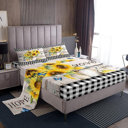 Yellow Sunflowers Bed Sheets Set Rustic Farmhouse Style Fitted Sheet Black White Plaid Bedding Set for Bedroom Decor Retro Gingham Sheet (Twin Flat Sheet & Fitted Sheet with 1 Pillow Case)