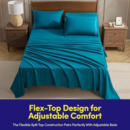 Split Head King Sheets Set for Adjustable Beds 4 Piece Flex Top Bed Sheets – Deep Pocket Split Top Fitted Sheet with Built-in Corner Straps, Luxury Soft Cooling Bedding, Wrinkle Resistant, Teal