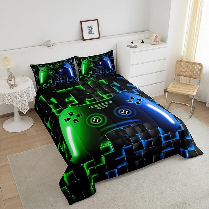 Erosebridal Gaming Comforter Sets for Boys,King Size Bedding Sets for Boys Girls Kids 3D Gamer Geometric Comforter,Game Console Lightweight Microfiber Duvet Quilt,Neon Green Blue Black Glowing