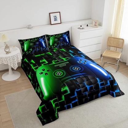 Erosebridal Gaming Comforter Sets for Boys,King Size Bedding Sets for Boys Girls Kids 3D Gamer Geometric Comforter,Game Console Lightweight Microfiber Duvet Quilt,Neon Green Blue Black Glowing
