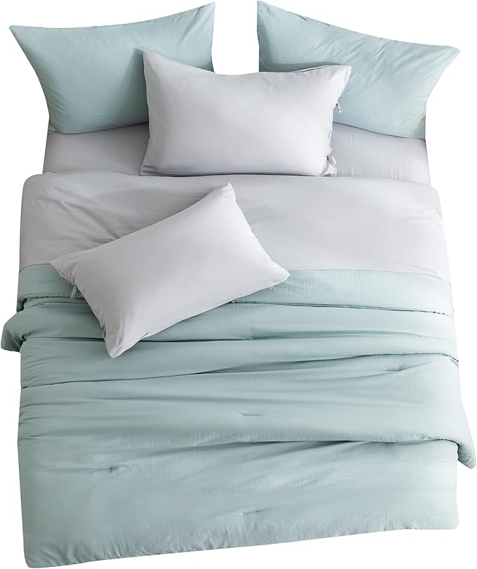 OTTEBED Ultra-Soft Queen Comforter Set with Sheets - Boho 7 Piece Bed in a Bag Lightweight All Season Use, Aesthetic Washed PolyCotton QUEEN Sage Green Comforter with Grey Bedding Sheet Set Pillowcase
