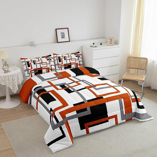 Erosebridal Geometric Square Comforter Set for Men Women,White Black Orange Bedding Set,Abstract Grid Patchwork Quilt Set Lightweight,Modern Down Comforter with 2 Pillow Shams,Queen
