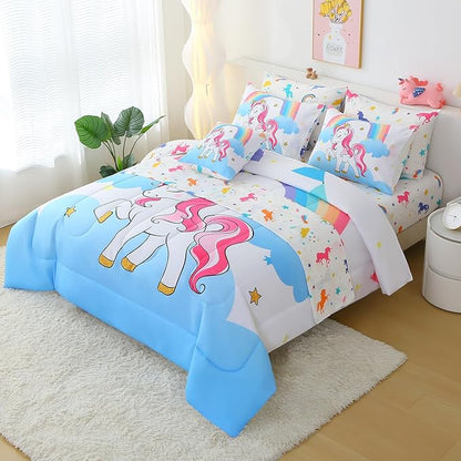 JQinHome Unicorn Queen Bedding Sets for Girls Kids,8 Piece Bed in A Bag 3D White Sky Rainbow Clouds Theme Unicorn Comforter Set with Sheet Set(White)