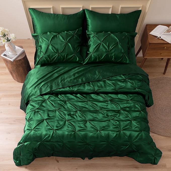 MR&HM Satin Comforter Twin XL 5 Pieces - Luxurious Pinch Pleat Bedding Set with Comforter, Flat Sheet, Fitted Sheet, Pillowcase & Sham, Super Silky Soft Bed Set for All Season (Twin XL, Dark Green)