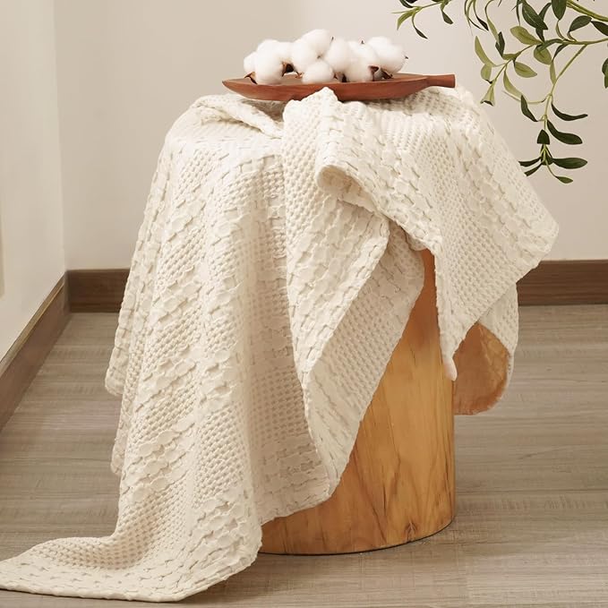 PHF 100% Cotton Waffle Weave Throw Blanket, Soft Lightweight Breathable Cozy Throws for Couch Bed Sofa, Luxury Aesthetic Blanket Gift for Home Decor & Office, 50"x60", Natural