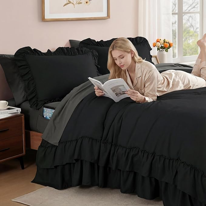 King Size Comforter Set Black, Ruffle Shabby Chic Bedding Set Farmhouse 7 Pieces, All Season Fluffy Bed in a Bag with Sheets, Pillowcases & Shams