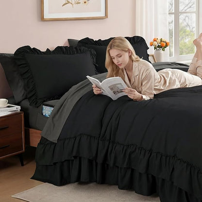 King Size Comforter Set Black, Ruffle Shabby Chic Bedding Set Farmhouse 7 Pieces, All Season Fluffy Bed in a Bag with Sheets, Pillowcases & Shams