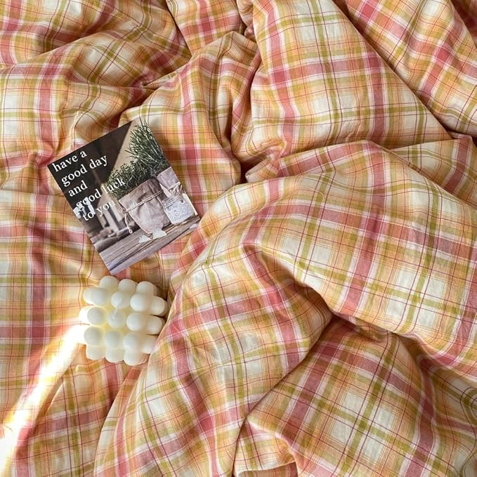 EAVD Vintage Style Gingham Duvet Cover Twin Soft 100% Washed Cotton Bedding Set with Colorful Grid Checkered Reversible Plaid Bedding Set for Boy Girl Modern Grid Plaid Duvet Cover with Zipper