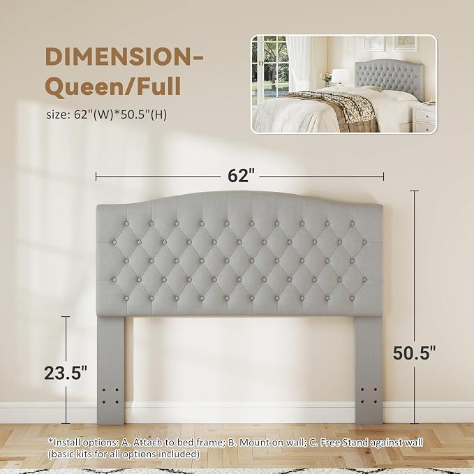 Queen Headboard Only, Velvet Classic Tufted Design, Silver Gray | 2 installation options: 1.bed frame mount 2.wall mount (for adjustable bed), Classic hand-tufted headboard king size
