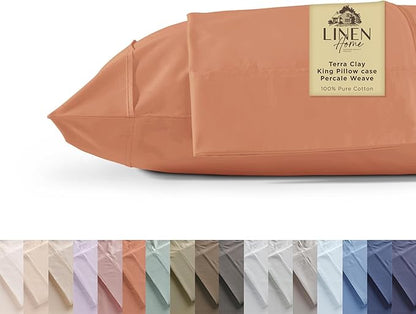 Linen Home 100% Cotton Percale Pillowcases King Size, Tera Clay, 2 Pieces of Pillow Case, Crisp and Cool Strong Bed Linen, 20 inches X 40 inches