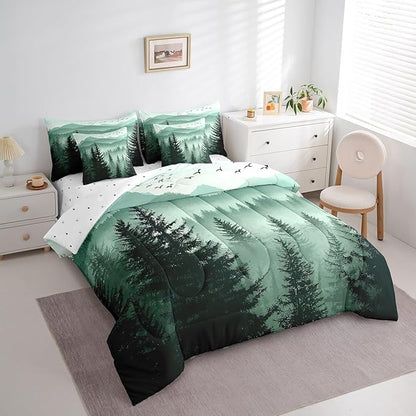 Erosebridal Olive Green Full Comforter Set with Sheets 7 Piece Mountain Pine Tree Forest Bed in A Bag Rustic Woodland Nature Landscape Bedding Sets for Kids Adults,Soft Lightweight Bed Set