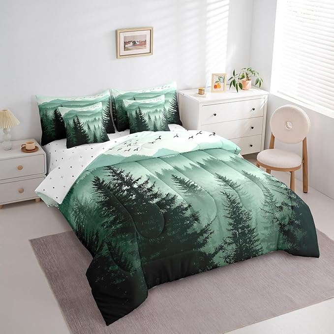 Erosebridal Olive Green Twin Comforter Set with Sheets 7 Piece Mountain Pine Tree Forest Bed in A Bag Rustic Woodland Nature Landscape Bedding Sets for Kids Adults,Soft Lightweight Bed Set