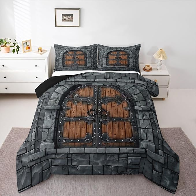 Castle Walls Comforter Set King Size,Knight Wall Down Alternative Adults Bedroom Decor,Fairytale Medieval Themed Ultra Soft Microfiber Inner Fill 3 Pcs Bedding