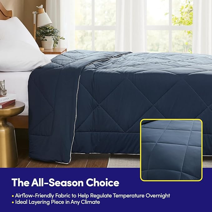 Oversized Cooling Comforter Full/Queen – Reversible Diamond-Quilted Comforter Shell with Elegant Trim – Lightweight Breathable Blanket for Hot Sleepers, Night Sweats & All-Season Comfort, Navy Blue