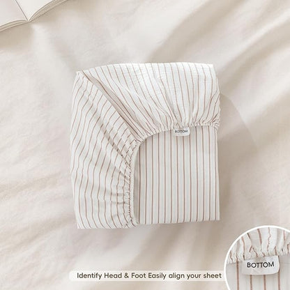MooMee Stripes Fitted Bottom Sheet Only 100% Washed Cotton Linen Like Textured Breathable Durable Soft Comfy Deep Pocket (White Almond Milk Grey Wide Stripes, King)