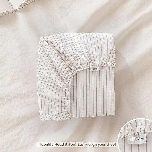 MooMee Stripes Fitted Bottom Sheet Only 100% Washed Cotton Linen Like Textured Breathable Durable Soft Comfy Deep Pocket (White Orange Wide Stripes, Queen)