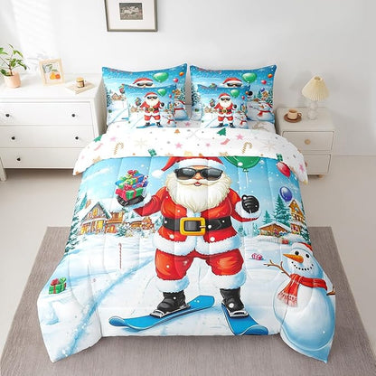 Castle Fairy Skiing Santa 7 Pieces Bedding Set Twin Bed in a Bag,Merry Christmas House Gifts Snowman Comforter Set,Farmhouse New Year Decor Soft Warm Microfiber Bedding