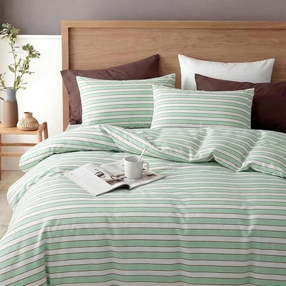 Bedbay Sage Green Striped Duvet Cover Set King Size, 100% Cotton Sateen Bedding Set, Silky Soft Breathable 3 Piece Farmhouse Minimalist Bedding for All Seasons