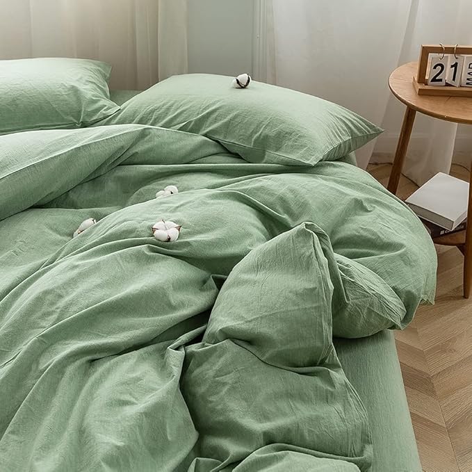 FACE TWO FACE Bedding Duvet Cover Set100% Washed Cotton Duvet Cover Linen Like Textured Breathable Durable Soft Comfy(Queen, Green)
