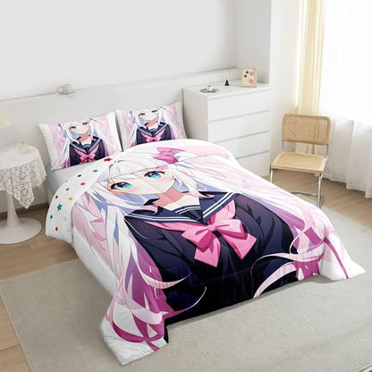 Erosebridal Kawaii Japanese Girl Comforter Set Cartoon Anime Girl Bedding for Kids Boys Girls 3D Japanese Style Duvet Insert Sailor Suit Uniform Design Duvet Set Twin Size